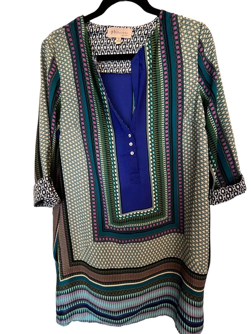 Philosophy Blouse Tunic Geometric Colorful Pockets V-neck Collar Sz Med - Picture 2 of 9
